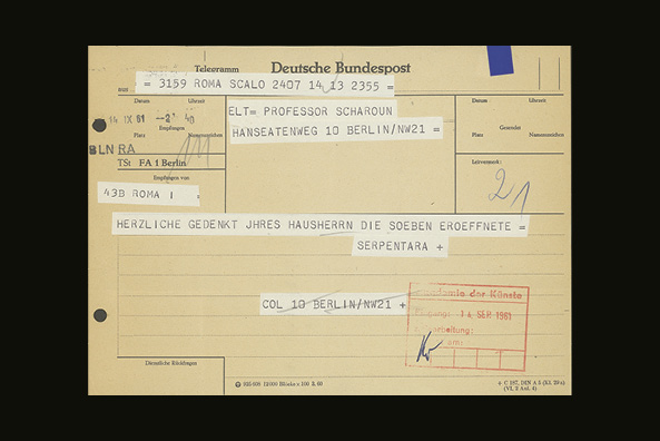 Telegramm des Generalsekretärs Herbert von Buttlar an den Präsidenten Hans Scharoun, 14. September 1961